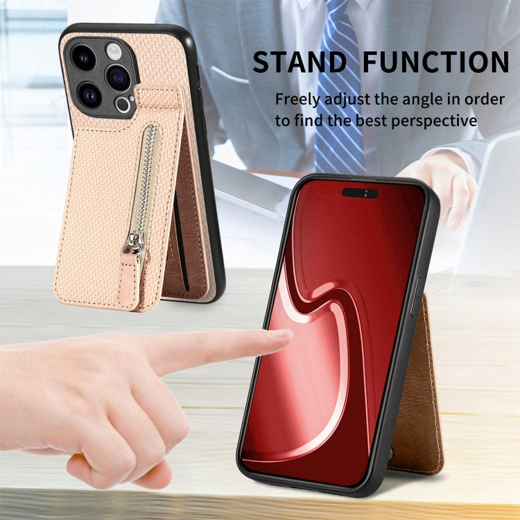 For iPhone 15 Pro Max Carbon Fiber Vertical Flip Zipper Phone Case(Khaki) - HoMEdemic™ 