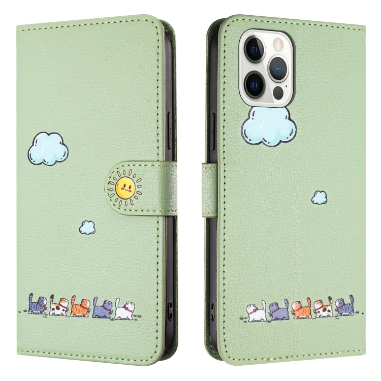For iPhone 15 Pro Max Cartoon Cats Leather Phone Case(Green) - HoMEdemic™ 