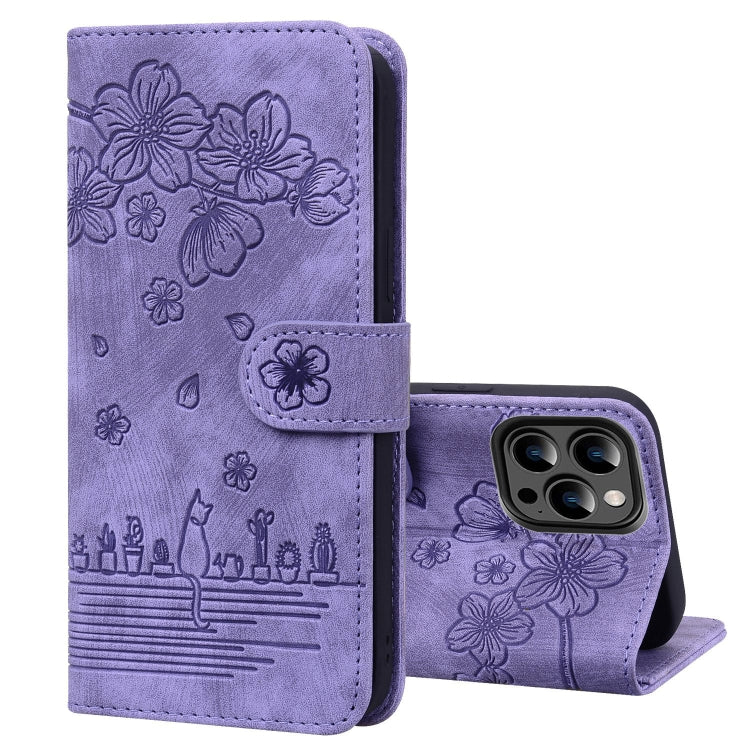 For iPhone 15 Pro Max Cartoon Sakura Cat Embossed Leather Phone Case(Purple) - HoMEdemic™ 