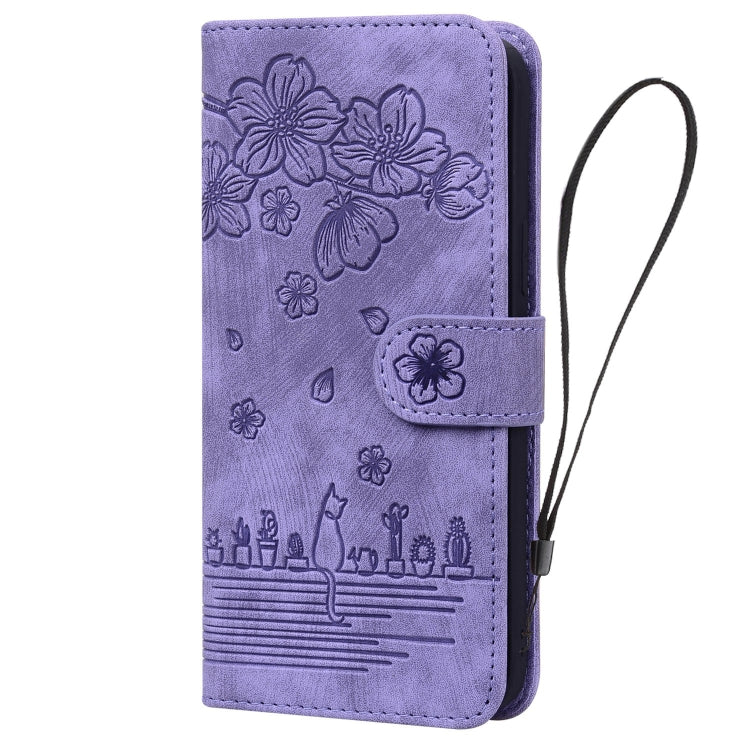 For iPhone 15 Pro Max Cartoon Sakura Cat Embossed Leather Phone Case(Purple) - HoMEdemic™ 