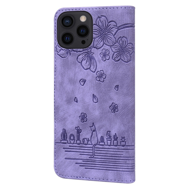 For iPhone 15 Pro Max Cartoon Sakura Cat Embossed Leather Phone Case(Purple) - HoMEdemic™ 