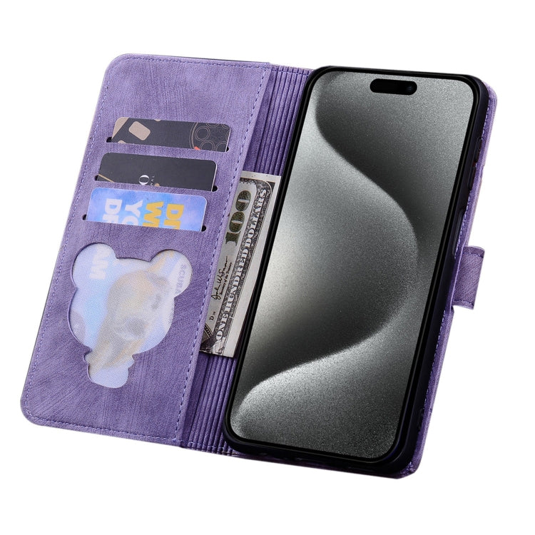 For iPhone 15 Pro Max Cartoon Sakura Cat Embossed Leather Phone Case(Purple) - HoMEdemic™ 