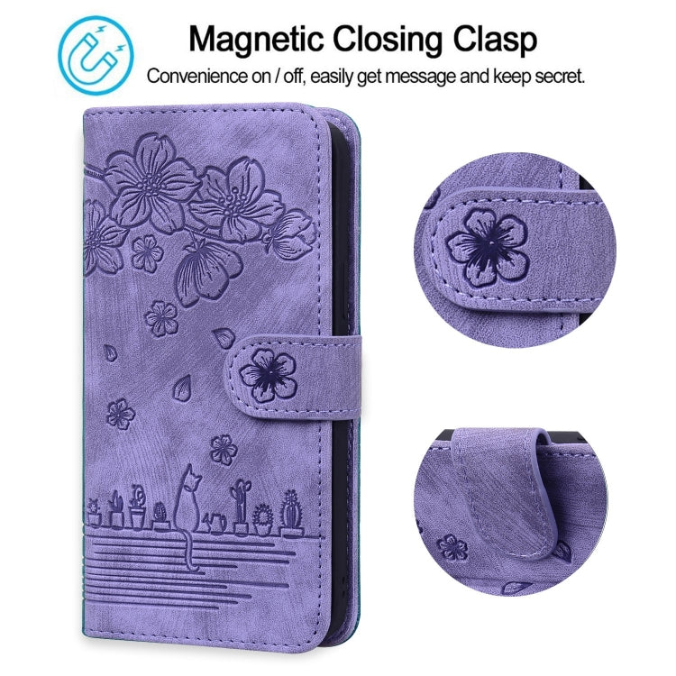 For iPhone 15 Pro Max Cartoon Sakura Cat Embossed Leather Phone Case(Purple) - HoMEdemic™ 