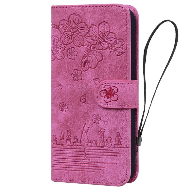 For iPhone 15 Pro Max Cartoon Sakura Cat Embossed Leather Phone Case(Rose Red) - HoMEdemic™ 