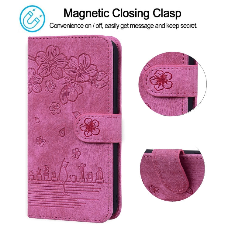 For iPhone 15 Pro Max Cartoon Sakura Cat Embossed Leather Phone Case(Rose Red) - HoMEdemic™ 