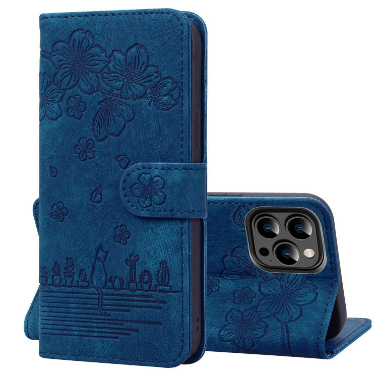 For iPhone 15 Pro Max Cartoon Sakura Cat Embossed Leather Phone Case(Royal Blue) - HoMEdemic™ 
