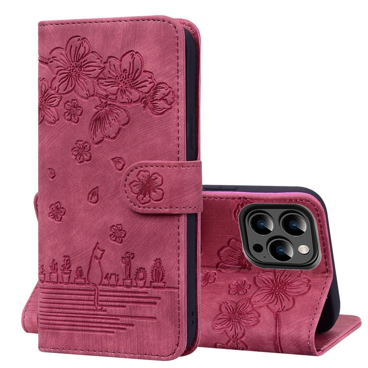 For iPhone 15 Pro Max Cartoon Sakura Cat Embossed Leather Phone Case(Wine Red) - HoMEdemic™ 