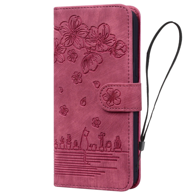 For iPhone 15 Pro Max Cartoon Sakura Cat Embossed Leather Phone Case(Wine Red) - HoMEdemic™ 
