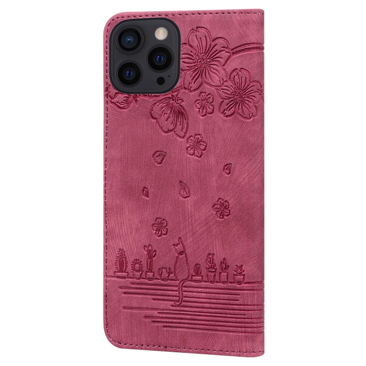 For iPhone 15 Pro Max Cartoon Sakura Cat Embossed Leather Phone Case(Wine Red) - HoMEdemic™ 