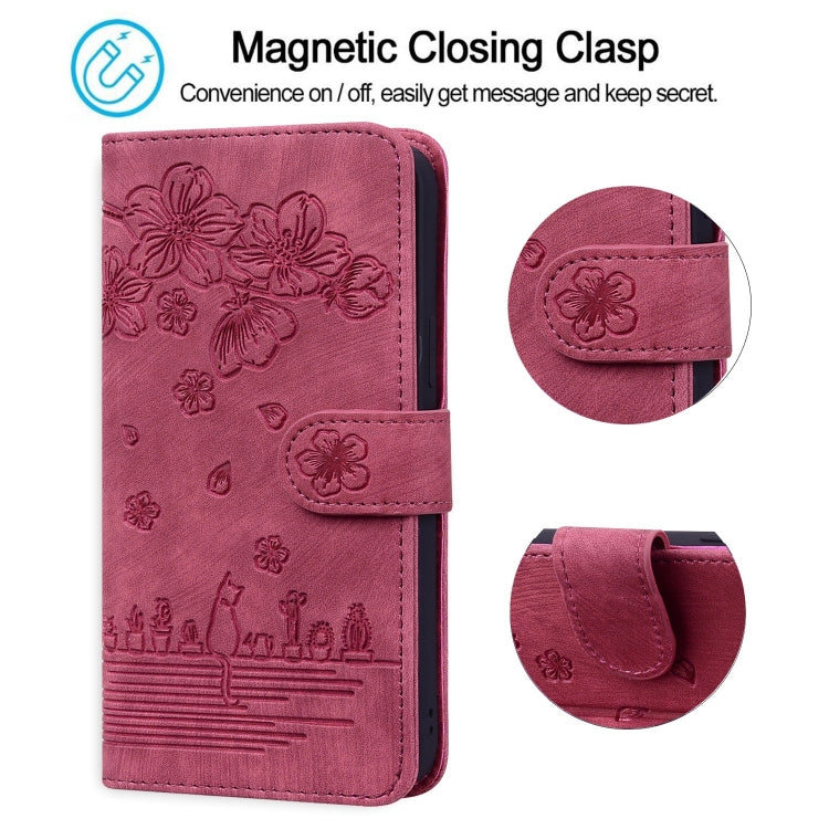 For iPhone 15 Pro Max Cartoon Sakura Cat Embossed Leather Phone Case(Wine Red) - HoMEdemic™ 