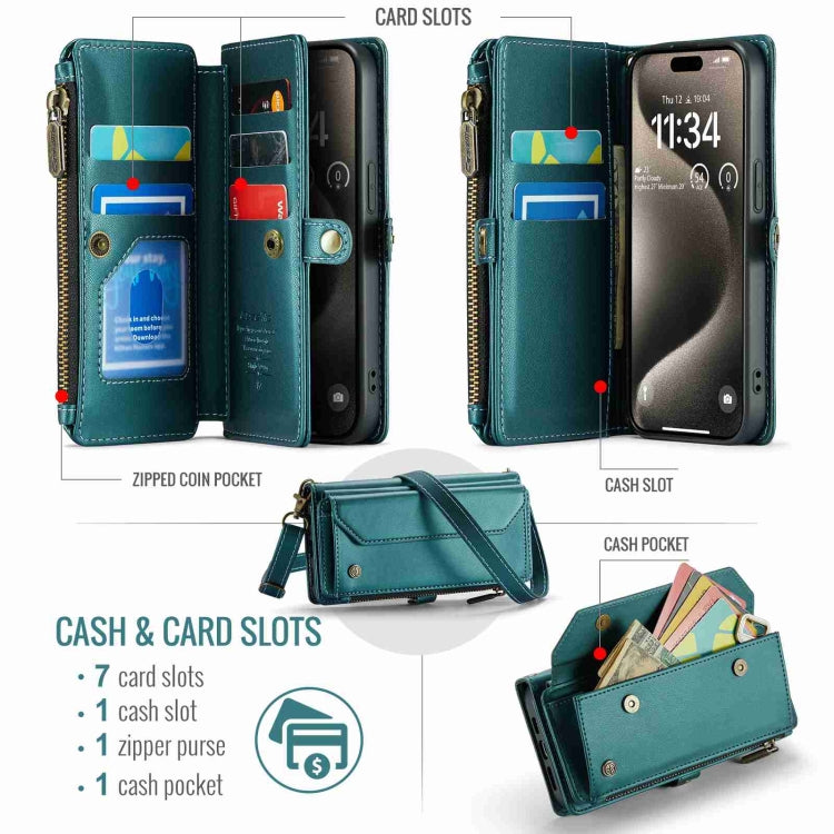 For iPhone 15 Pro Max CaseMe C36 Card Slots Zipper Wallet RFID Anti-theft Leather Phone Case(Blue-green) - HoMEdemic™ 