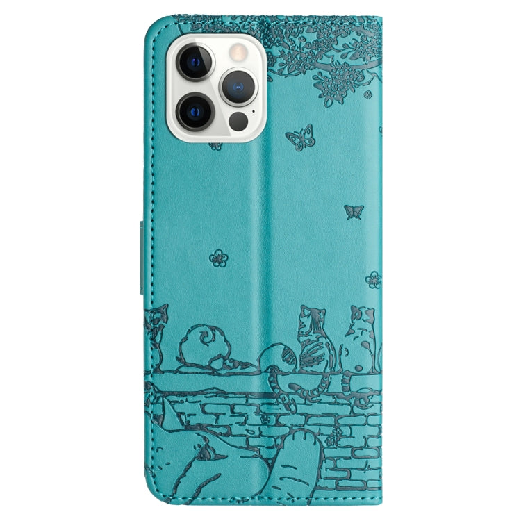 For iPhone 15 Pro Max Cat Embossing Pattern Leather Phone Case with Lanyard(Blue) - HoMEdemic™ 