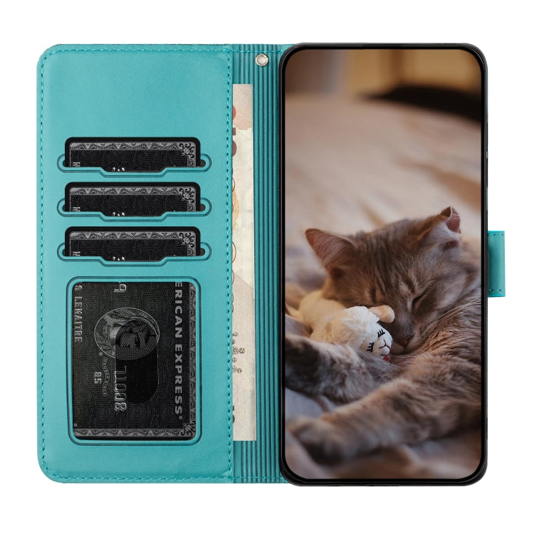 For iPhone 15 Pro Max Cat Embossing Pattern Leather Phone Case with Lanyard(Blue) - HoMEdemic™ 