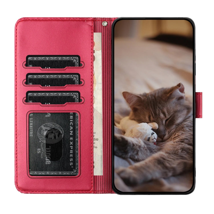 For iPhone 15 Pro Max Cat Embossing Pattern Leather Phone Case with Lanyard(Red) - HoMEdemic™ 