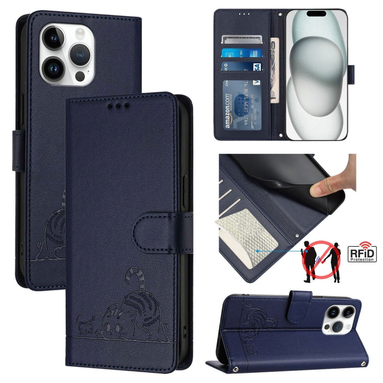 For iPhone 15 Pro Max Cat Rat Embossed Pattern RFID Leather Phone Case with Lanyard(Blue) - HoMEdemic™ 
