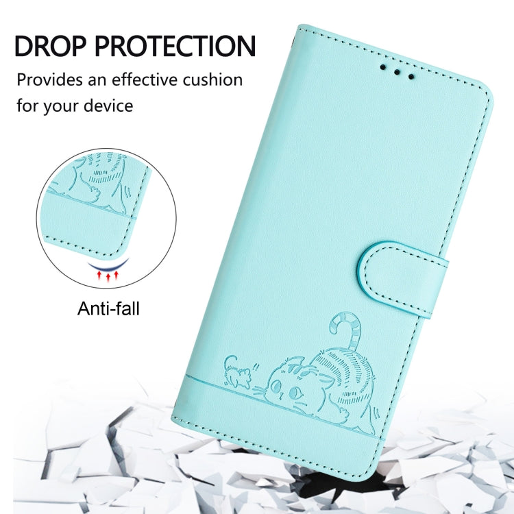 For iPhone 15 Pro Max Cat Rat Embossed Pattern RFID Leather Phone Case with Lanyard(Mint Green) - HoMEdemic™ 