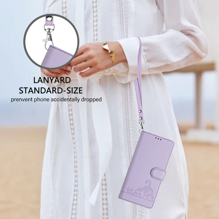 For iPhone 15 Pro Max Cat Rat Embossed Pattern RFID Leather Phone Case with Lanyard(Purple) - HoMEdemic™ 