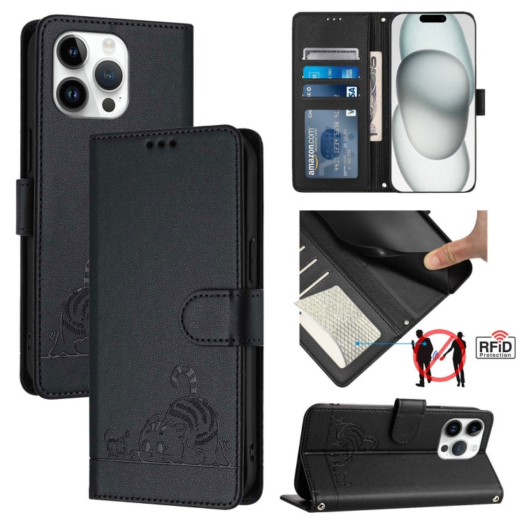 For iPhone 15 Pro Max Cat Rat Embossed Pattern RFID PU Phone Case with Wrist Strap(Black) - HoMEdemic™ 