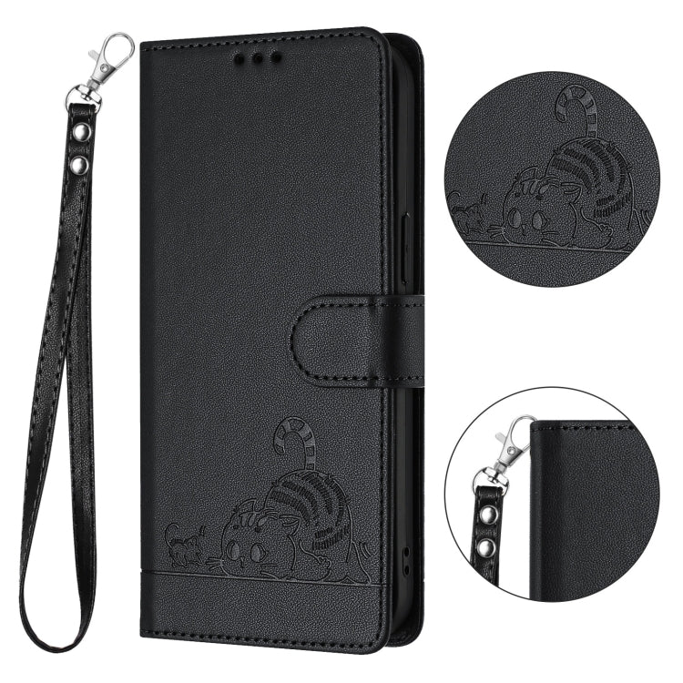 For iPhone 15 Pro Max Cat Rat Embossed Pattern RFID PU Phone Case with Wrist Strap(Black) - HoMEdemic™ 