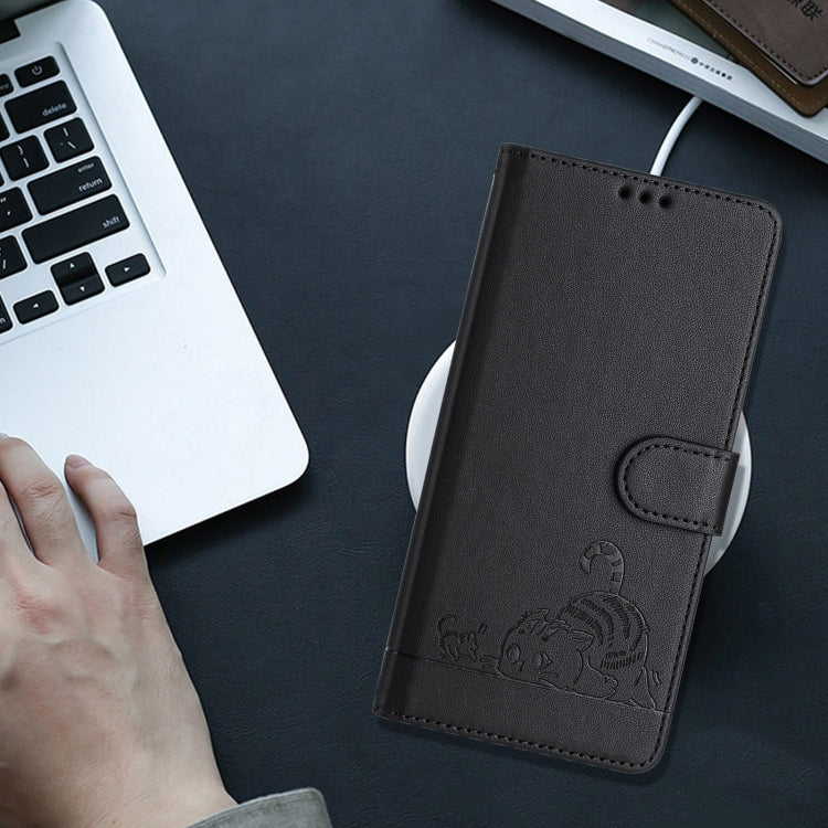 For iPhone 15 Pro Max Cat Rat Embossed Pattern RFID PU Phone Case with Wrist Strap(Black) - HoMEdemic™ 