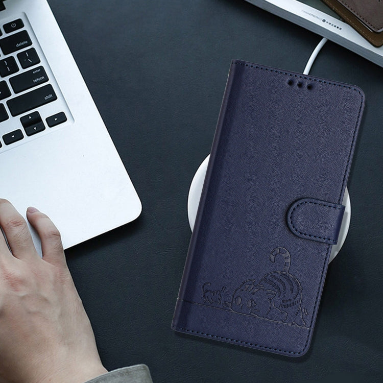 For iPhone 15 Pro Max Cat Rat Embossed Pattern RFID PU Phone Case with Wrist Strap(Blue) - HoMEdemic™ 