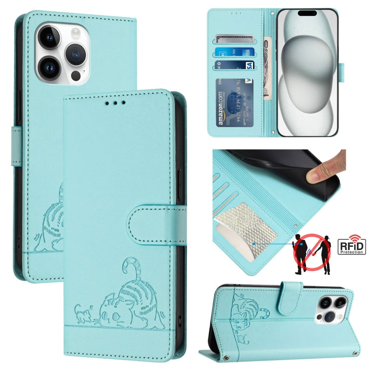For iPhone 15 Pro Max Cat Rat Embossed Pattern RFID PU Phone Case with Wrist Strap(Mint Green) - HoMEdemic™ 