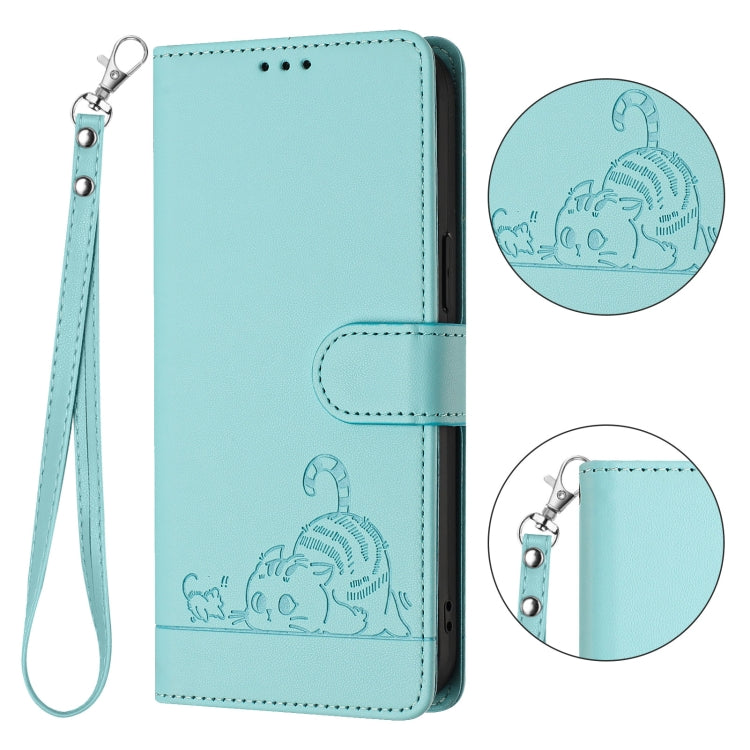 For iPhone 15 Pro Max Cat Rat Embossed Pattern RFID PU Phone Case with Wrist Strap(Mint Green) - HoMEdemic™ 