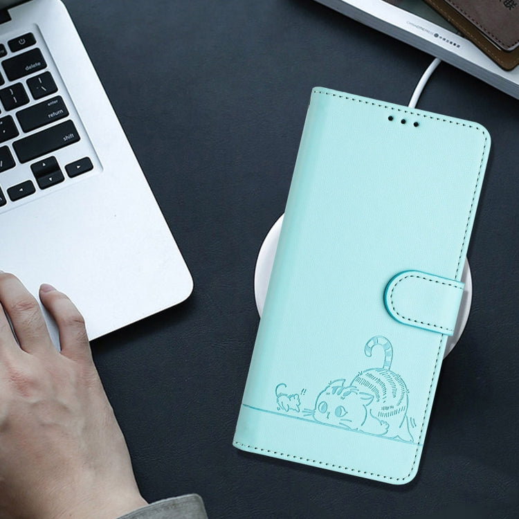 For iPhone 15 Pro Max Cat Rat Embossed Pattern RFID PU Phone Case with Wrist Strap(Mint Green) - HoMEdemic™ 