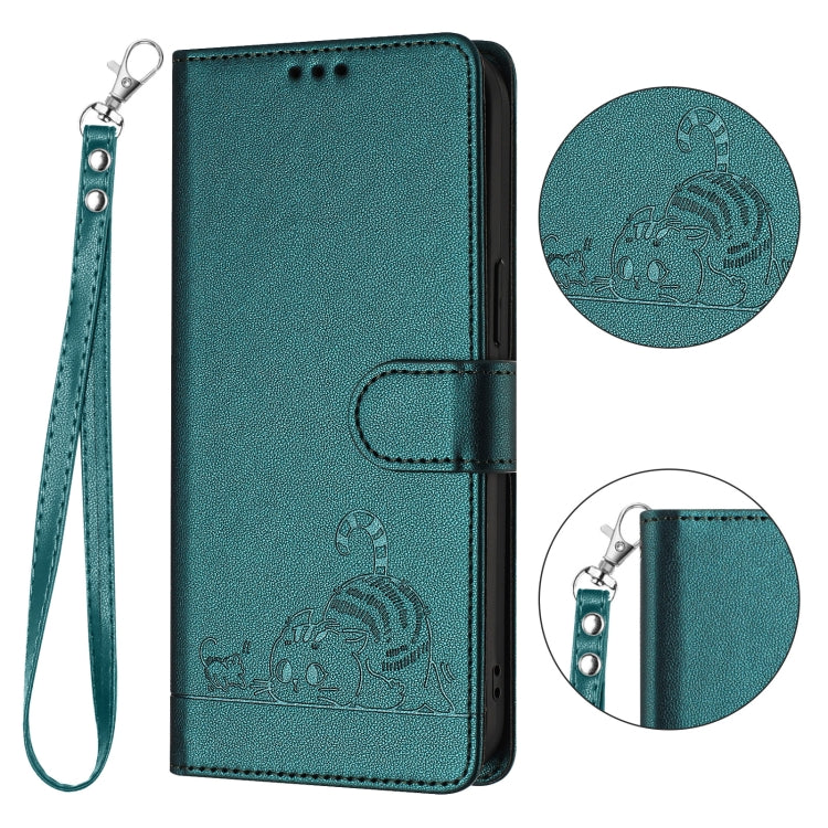 For iPhone 15 Pro Max Cat Rat Embossed Pattern RFID PU Phone Case with Wrist Strap(Peacock Green) - HoMEdemic™ 