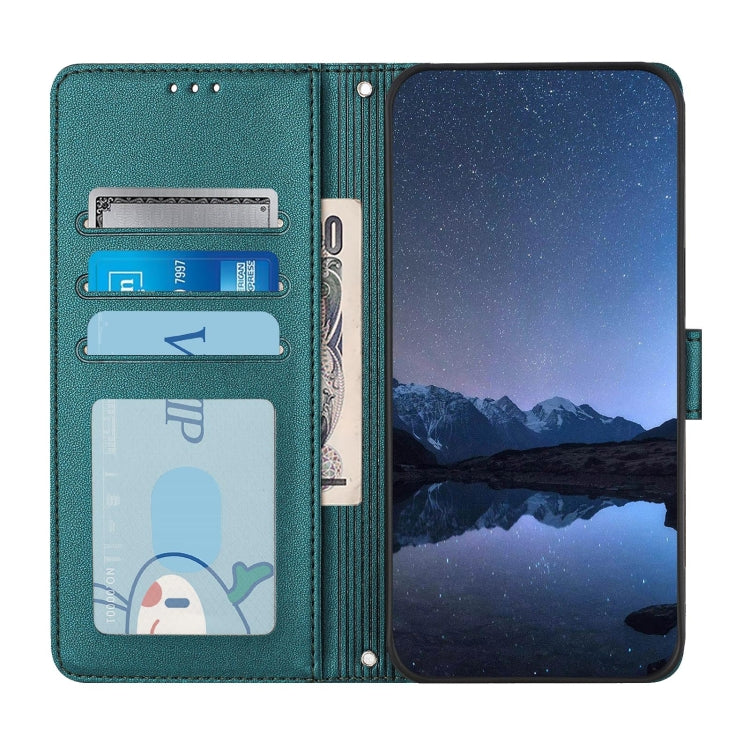 For iPhone 15 Pro Max Cat Rat Embossed Pattern RFID PU Phone Case with Wrist Strap(Peacock Green) - HoMEdemic™ 