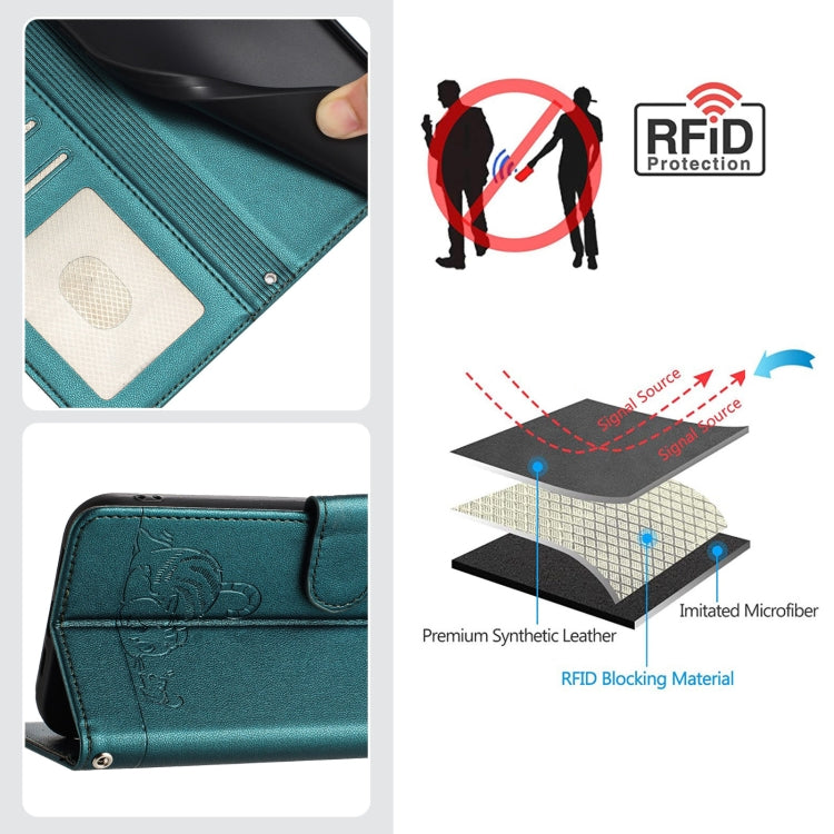 For iPhone 15 Pro Max Cat Rat Embossed Pattern RFID PU Phone Case with Wrist Strap(Peacock Green) - HoMEdemic™ 