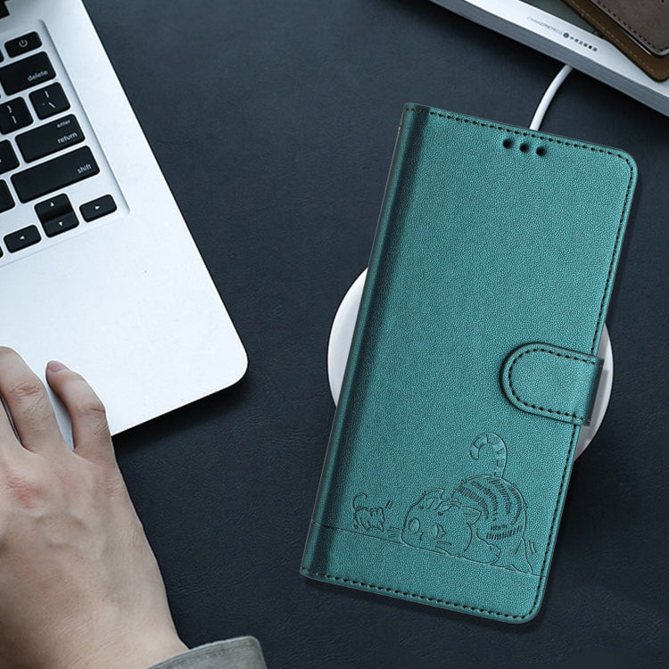 For iPhone 15 Pro Max Cat Rat Embossed Pattern RFID PU Phone Case with Wrist Strap(Peacock Green) - HoMEdemic™ 