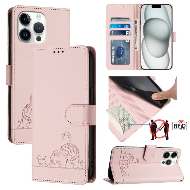 For iPhone 15 Pro Max Cat Rat Embossed Pattern RFID PU Phone Case with Wrist Strap(Pink) - HoMEdemic™ 