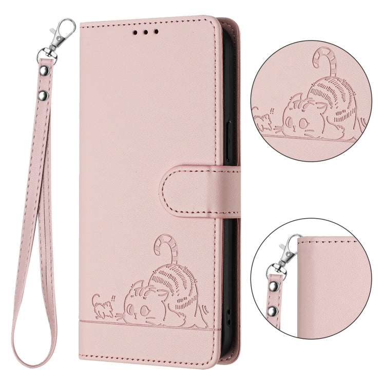 For iPhone 15 Pro Max Cat Rat Embossed Pattern RFID PU Phone Case with Wrist Strap(Pink) - HoMEdemic™ 
