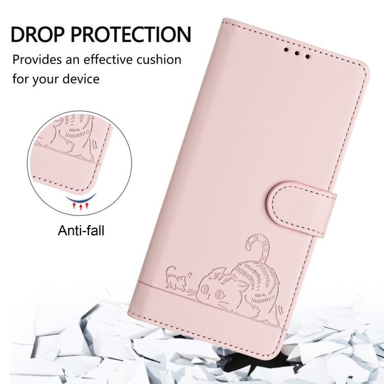 For iPhone 15 Pro Max Cat Rat Embossed Pattern RFID PU Phone Case with Wrist Strap(Pink) - HoMEdemic™ 