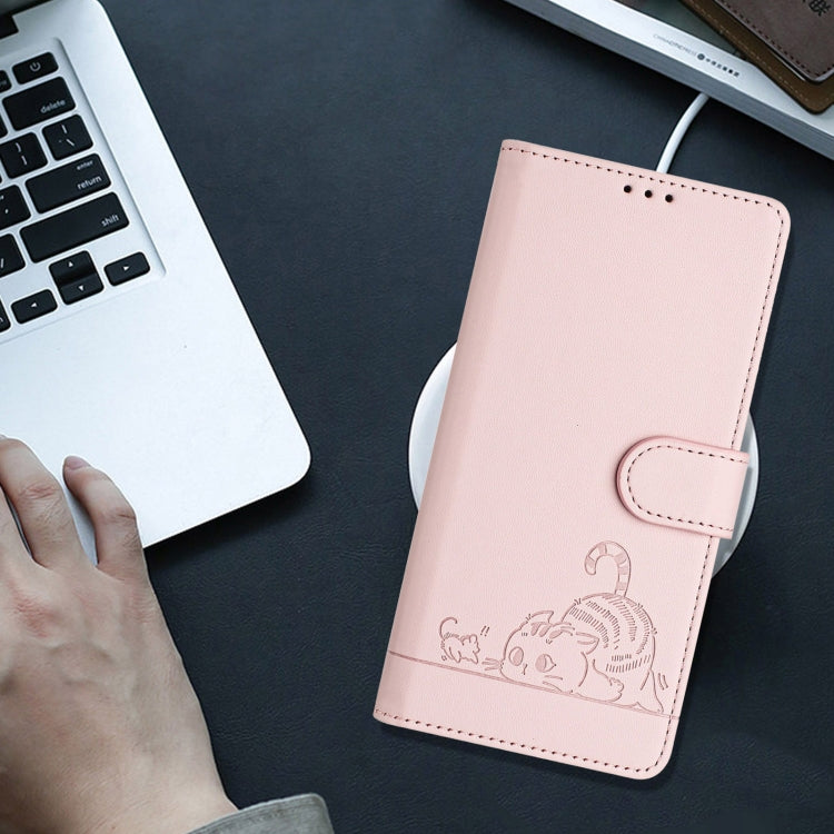 For iPhone 15 Pro Max Cat Rat Embossed Pattern RFID PU Phone Case with Wrist Strap(Pink) - HoMEdemic™ 
