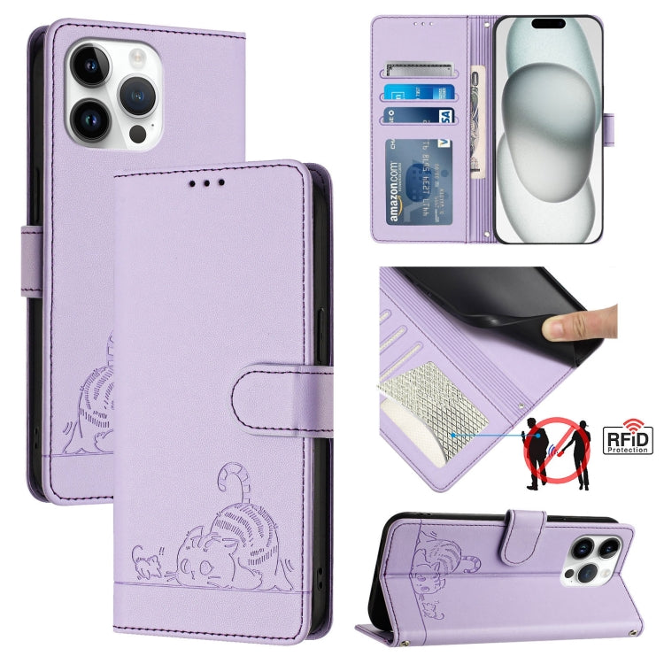 For iPhone 15 Pro Max Cat Rat Embossed Pattern RFID PU Phone Case with Wrist Strap(Purple) - HoMEdemic™ 