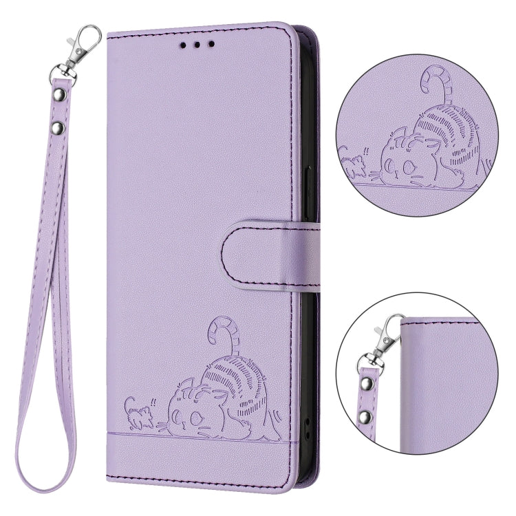For iPhone 15 Pro Max Cat Rat Embossed Pattern RFID PU Phone Case with Wrist Strap(Purple) - HoMEdemic™ 