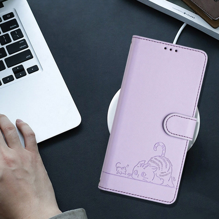 For iPhone 15 Pro Max Cat Rat Embossed Pattern RFID PU Phone Case with Wrist Strap(Purple) - HoMEdemic™ 