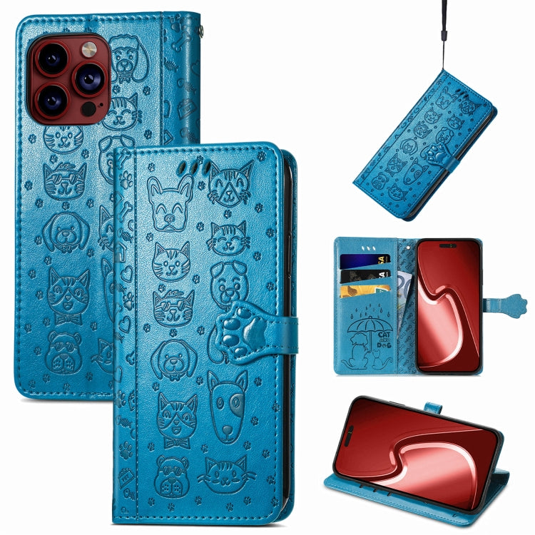 For iPhone 15 Pro Max Cat and Dog Embossed Leather Phone Case(Blue) - HoMEdemic™ 