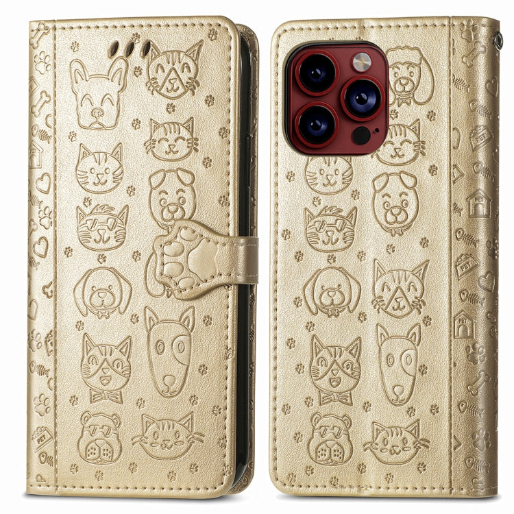 For iPhone 15 Pro Max Cat and Dog Embossed Leather Phone Case(Gold) - HoMEdemic™ 