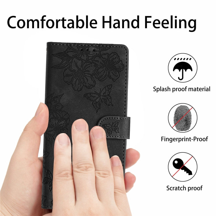 For iPhone 15 Pro Max Cherry Blossom Butterfly Skin Feel Embossed PU Phone Case(Black) - HoMEdemic™ 