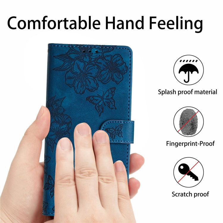 For iPhone 15 Pro Max Cherry Blossom Butterfly Skin Feel Embossed PU Phone Case(Blue) - HoMEdemic™ 