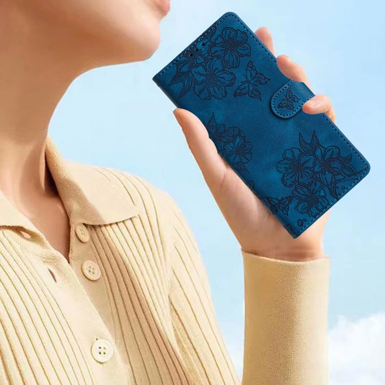 For iPhone 15 Pro Max Cherry Blossom Butterfly Skin Feel Embossed PU Phone Case(Blue) - HoMEdemic™ 