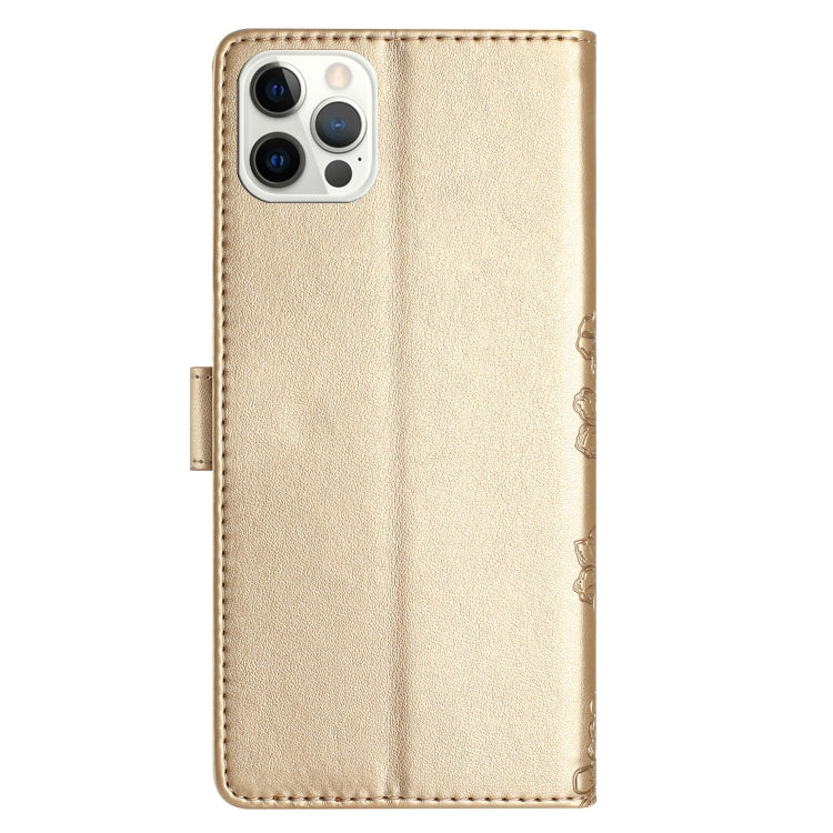 For iPhone 15 Pro Max Cherry Blossom Butterfly Skin Feel Embossed PU Phone Case(Gold) - HoMEdemic™ 