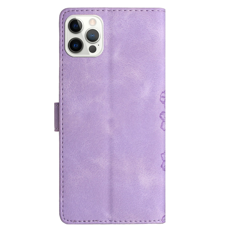 For iPhone 15 Pro Max Cherry Blossom Butterfly Skin Feel Embossed PU Phone Case(Purple) - HoMEdemic™ 