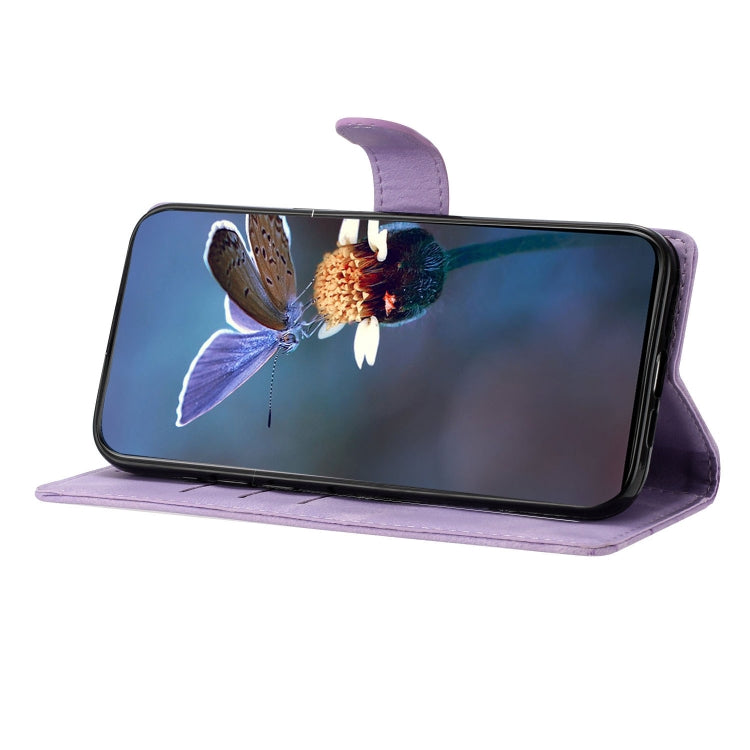 For iPhone 15 Pro Max Cherry Blossom Butterfly Skin Feel Embossed PU Phone Case(Purple) - HoMEdemic™ 