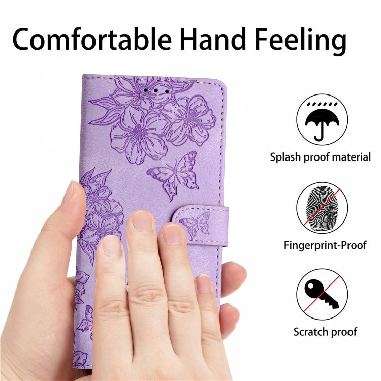 For iPhone 15 Pro Max Cherry Blossom Butterfly Skin Feel Embossed PU Phone Case(Purple) - HoMEdemic™ 