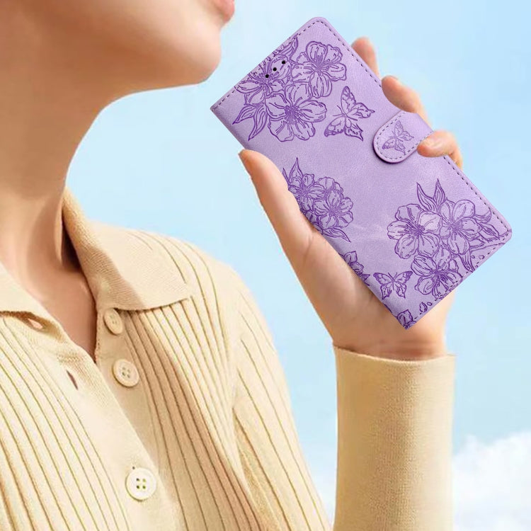 For iPhone 15 Pro Max Cherry Blossom Butterfly Skin Feel Embossed PU Phone Case(Purple) - HoMEdemic™ 