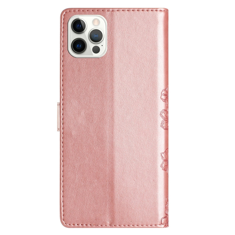 For iPhone 15 Pro Max Cherry Blossom Butterfly Skin Feel Embossed PU Phone Case(Rose Gold) - HoMEdemic™ 